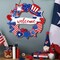 Patriotic Welcome Door Wreath Sign, 4th of July Decorations, Red White Blue Stars and Hearts Wooden Signs, American Flag USA Independence Day Wall Hanging Sign for Memorial Day Home Front Door Decor